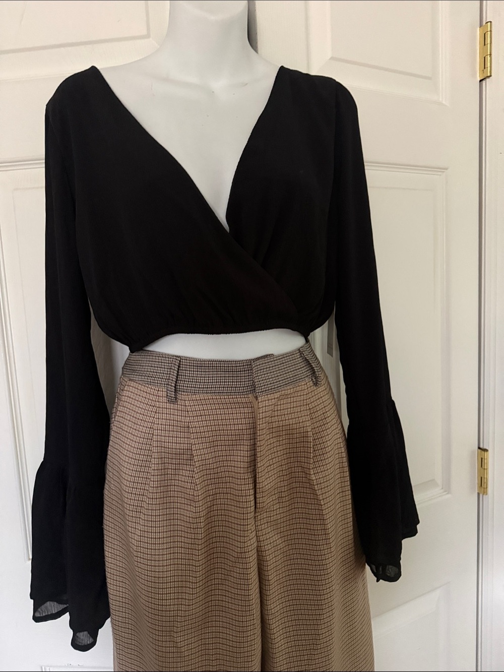 Tobi Black Surplice Long-Sleeve Crop Top